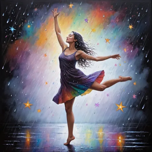 Prompt: a painting of a woman dancing in the rain with a colorful background and stars in the sky above her, Daphne McClure, fantasy art, mystical colors, an ultrafine detailed painting