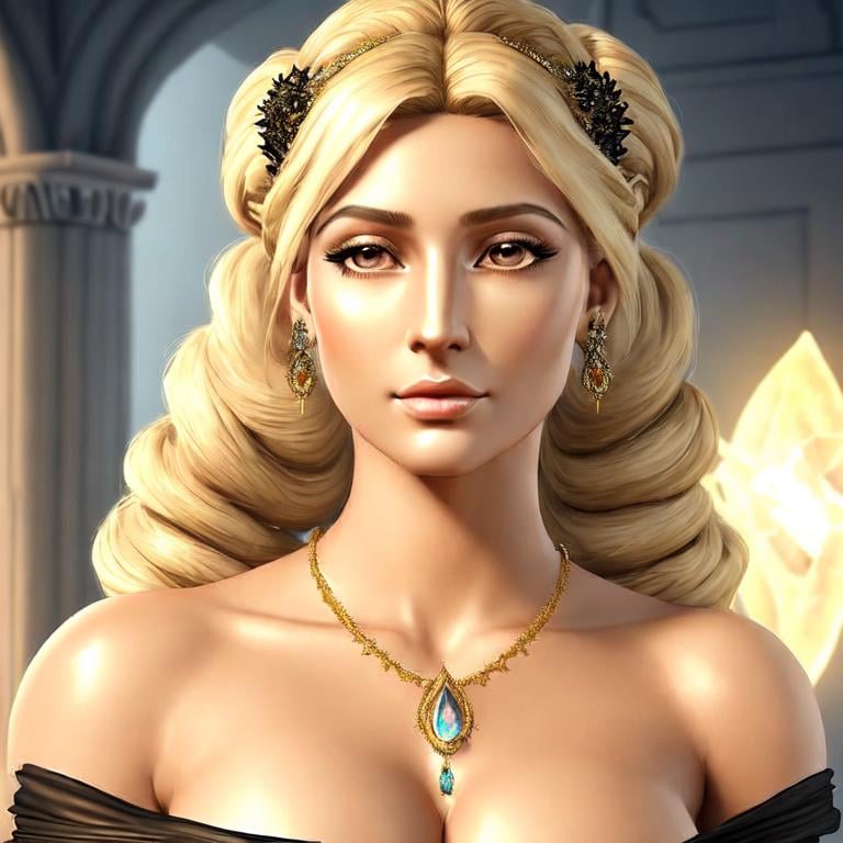 Prompt: HD 4k 3D, hyper realistic, professional modeling, ethereal Greek goddess of alchemy, blonde pigtail hair, black skin, enchanting gown, gorgeous face, stone jewelry and diadem, full body, ambient glow, medicine maker, working with potions cures, and herbs, detailed, elegant, ethereal, mythical, Greek, goddess, surreal lighting, majestic, goddesslike aura