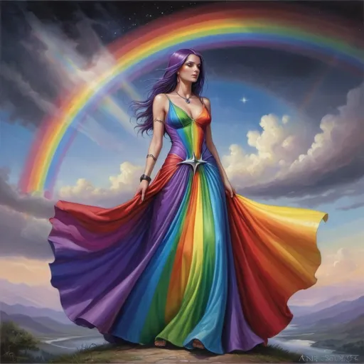 Prompt: a woman in a rainbow colored dress standing under a rainbow colored star and a rainbow - colored rainbow - colored dress, Anne Stokes, fantasy art, fantasy artwork, a fine art painting