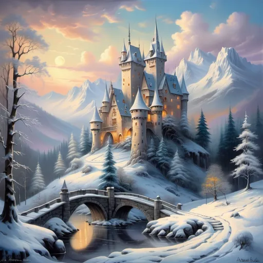 Prompt:  a painting of a castle surrounded by trees, beautiful fantasy painting, fairytale painting, whimsical fantasy landscape art, beautiful render of a fairytale, dream scenery art, snow landscape, winter scene fantasy, beautiful snowy landscape, snowy winter scene, thomas kinkade style painting, fairytale artwork, snow forest, adrian borda, snow scene, winter painting, beautiful winter area 