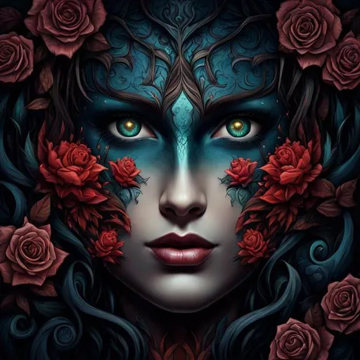 Prompt: ((Cinematic)) ((photorealistic full-body portrait)) of a mysterious hybrid creature, a fusion of dark ((floral)) and ((mechanical)) elements, wandering through an enchanted forest of bioluminescent trees and glowing plants. This unique being, with a body covered in thorny roses and intricate gears, has piercing, crimson eyes that emit an eerie, mesmerizing light. It explores the surreal, shadowy landscape, a realm where nature and technology coexist in a sinister harmony. Delicate, dark flowers intertwined with polished metal vines and sharp thorns form a haunting, intricate pattern on the creature's skin. High detail, UHD 4k wallpaper, by H.R. Giger, Brom, Dave Rapoza, and Abigail Larson.