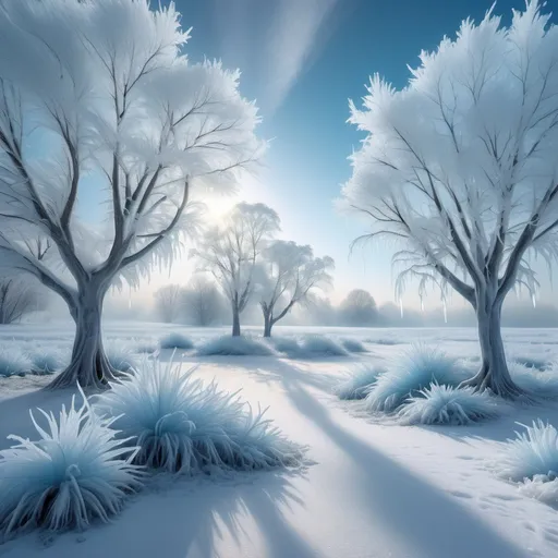 Prompt: (icy blue), serene winter landscape, frosty trees glistening in sunlight, soft white snowy ground, tranquil atmosphere, cool tones giving a sense of calm, enchanting ice formations in the foreground, high-quality details showcasing sparkling ice crystals, ethereal clouds, and delicate shadows, 4K ultra-detailed vibrancy capturing the essence of winter's beauty.