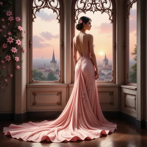 Prompt: A stunning young woman stands gracefully at an elegantly framed window, her back exposed, dressed in a flowing gown that blends deep blue fabric adorned with intricate floral embroidery, and soft pink capes cascading from her shoulders. She gazes out over a picturesque cityscape bathed in the warm hues of sunset, with gentle pastel colors painting the sky and casting a serene glow over the rooftops and steeples of distant buildings. The soft waves of her dark, cascading hair are complemented by a delicate flower pinned to the side, enhancing her ethereal beauty. The overall composition evokes a sense of quiet reflection, as the tranquil ambiance of twilight invites introspection and captures a moment of elegance amid a charming urban backdrop.
