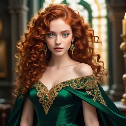 Prompt: A striking young woman stands confidently, her voluminous, fiery red curls cascading down her shoulders, framing a delicate face adorned with soft features and captivating green eyes. She wears an elegant deep green gown that hugs her figure, featuring intricate gold detailing and a matching off-the-shoulder cape that adds to her regal allure. Around her neck, a shimmering necklace embellished with emeralds complements her luxurious attire, while matching earrings sway gently as she poses. The backdrop reveals a stunning stained glass window, which casts a warm, inviting light in hues of green and gold, enhancing the enchanting atmosphere of the scene that feels both majestic and timeless. The overall presentation evokes a sense of fantasy and charm, as if she has stepped out of a storybook realm.