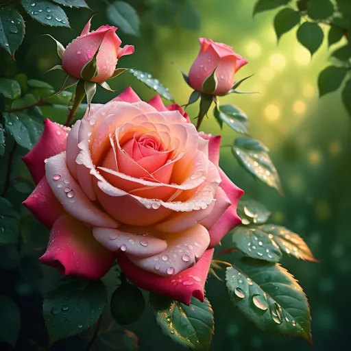 Prompt: (vibrant rose), richly detailed petals, lush green leaves, (soft, natural lighting), intricate shadows, dew droplets glistening, serene and romantic ambiance, (high definition), exquisite textures, blurred gentle background to enhance focal point, capturing the soft beauty and elegance of nature's masterpiece.