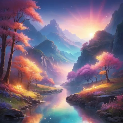 Prompt: (ethereal glow), luminous light radiating, soft illumination, vivid colors, warm ambient tones, magical atmosphere, serene background, enchanting landscapes, high detail, ultra-detailed, vibrant, dreamlike scenery, shimmering reflections, calming hues, captivating visual experience