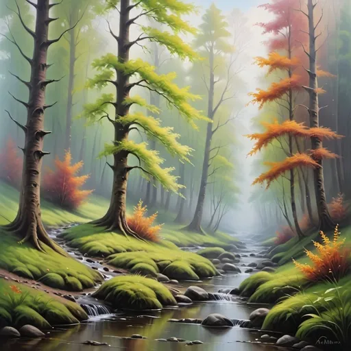 Prompt: <mymodel> Serene forest, oil painting, mist-covered trees, tranquil stream, vibrant and soothing colors, high quality, realistic, detailed foliage, peaceful atmosphere, soft natural lighting