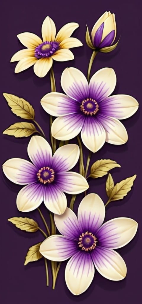 Prompt: Large beautiful purple flower, hyperrealistic, facing front with smaller flowers surrounding, 2d, clipart. illustration done in pen, on a creamy yellow background