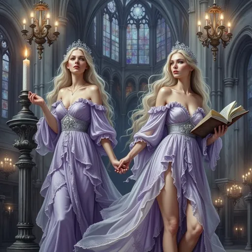 Prompt: This is a digital fantasy artwork depicting two identical, twins, ethereal women standing in a grand, gothic cathedral. Both women have long, flowing, platinum blonde hair and fair skin, and they are dressed in identical, off-the-shoulder, lavender-colored gowns with intricate lace and silver embroidery. The gowns have a fitted bodice with ruffled, layered skirts that cascade to the floor, and they feature a high slit on the right side, revealing their slender legs. Each woman wears a silver tiara adorned with small, delicate jewels.

The woman on the left is standing with a relaxed posture, her left hand resting on a tall, ornate pedestal that holds a lit candle. The flame of the candle casts a warm glow on her face and gown. The woman on the right is holding an open, ancient-looking book in her left hand and has her right hand raised in a gentle gesture. Behind them, the cathedral's architecture is visible, featuring tall, arched windows with stained glass, and several ornate, wrought-iron chandeliers that cast a soft, golden light. The overall atmosphere is mystical and serene, with a sense of otherworldly elegance and grace.