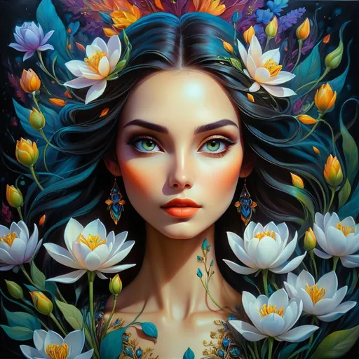 Prompt: Beautiful  hybrid woman with flowers sprouting from her, oil painting, ethereal glow, dark and mysterious, high quality, vibrant colors, surreal, haunting, intricate floral details, intense gaze, mystical atmosphere, oil painting,  ethereal, vibrant colors, surreal, haunting, floral details, intense gaze, mystical atmosphere