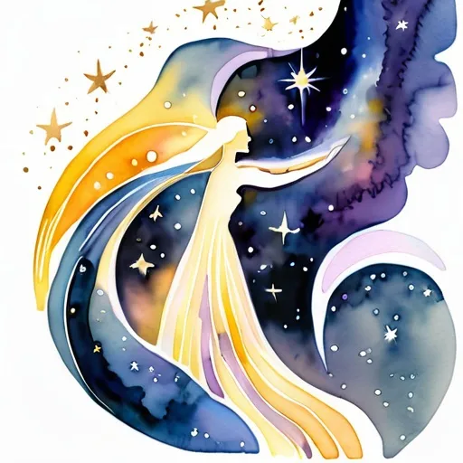Prompt: Figurative watercolor of a human figure composed of starlight, dreamy and etherial, hopeful and optimistic 