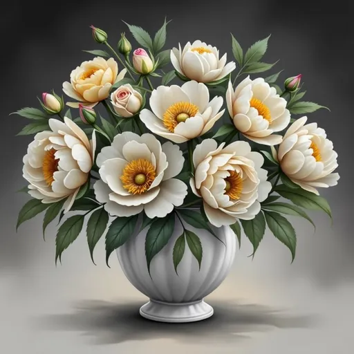 Prompt: This is a highly detailed digital illustration of a cluster of white and yellow peonies with roses in various stages of bloom. The central focus is on large, fully opened white peonies with soft, delicate petals that have a subtle yellow hue at the center. Surrounding them are several yellow peonies and rose buds, adding depth and variety to the composition. The petals of the flowers are intricately rendered, showcasing realistic textures with gentle, flowing curves. The green leaves are scattered among the flowers, providing a contrasting color and adding to the natural feel of the image. The background is solid black, which makes the bright white and yellow flowers stand out prominently. The overall style is hyper-realistic, with a focus on fine details and natural beauty, making the flowers appear almost lifelike. The arrangement is dense, with flowers and leaves overlapping each other, creating a rich, full texture. The image exudes a sense of elegance and beauty, with a harmonious balance of colors and forms.