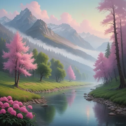 Prompt: a painting of a river with trees and mountains in the background and fog in the air above it, and a few pink flowers in the foreground, Evgeny Lushpin, naturalism, beautiful landscape, a matte painting