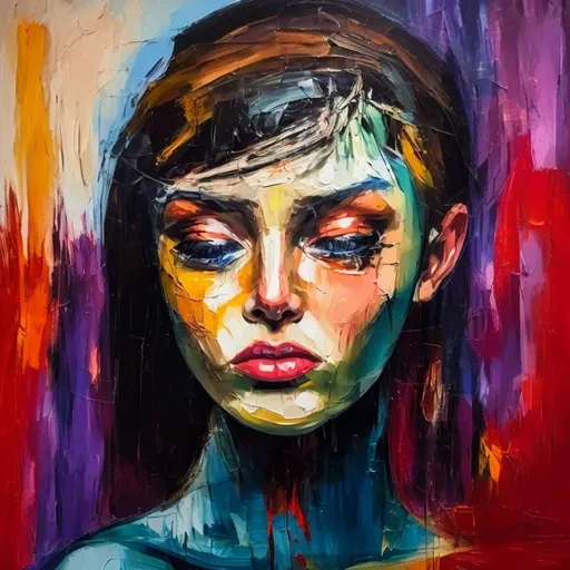 Prompt: <mymodel>Sad woman, oil painting, vibrant and contrasting colors, emotional brush strokes, intense and contrasting, abstract, emotional, high quality, expressionism, oil painting, vibrant colors, emotional brush strokes, intense, abstract, contrasting, artistic, emotional