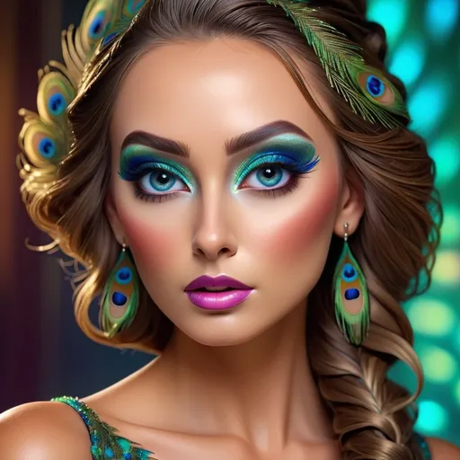 Prompt: Gorgeous woman with beautiful makeup and hair, peacock feathers, high-quality, detailed, realistic, elegant, vibrant colors, professional makeup, glamorous lighting, 4k resolution, portrait, detailed facial features, luxurious, exotic, peacock feathers, elegant hairstyle, stunning makeup, beauty shot