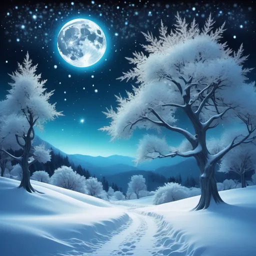 Prompt: (surrealism style), (cool color scheme), beautiful winter night, glittering snow, sparkling snowflakes, vast starry sky, moon fractals, ethereal ambiance, magical glow, dreamlike atmosphere, tranquil and serene, high depth, ultra-detailed, enchanting night scene, mystical landscape, whimsical elements.