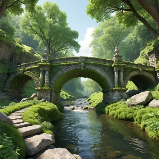 Prompt: Detailed 3D rendering of a majestic ancient stone bridge, moss-covered arches, lush greenery, serene river flowing underneath