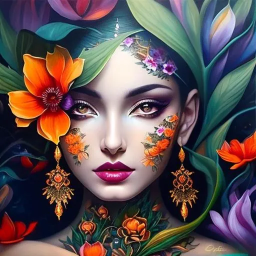 Prompt: Beautiful  hybrid woman with orange flowers sprouting from her, oil painting, detailed fiery eyes, ethereal glow, dark and mysterious, high quality, vibrant colors, surreal, haunting, intricate floral details, intense gaze, mystical atmosphere, oil painting, demon, hybrid, fiery eyes, ethereal, vibrant colors, surreal, haunting, floral details, intense gaze, mystical atmosphere