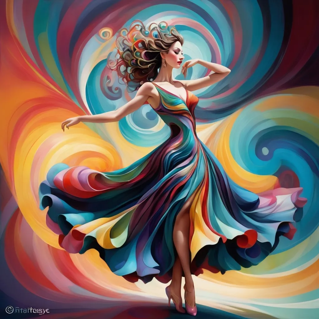 Prompt: <mymodel> a woman in a multicolored dress is dancing with a swirly background and a circular design behind her,, Fabien Charuau, arabesque, highly detailed digital painting, an airbrush painting