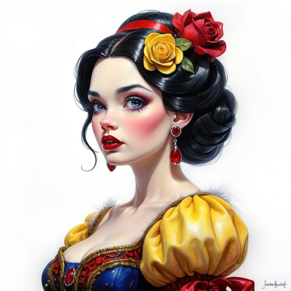 Prompt: <mymodel>Snow White.  beautiful woman, hair pinned up, yellow red black dress, earrings, Watercolor, trending on artstation, sharp focus,  by  Josephine Wall and Jasmine Becket-Griffith