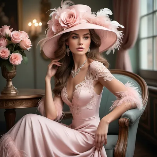 Prompt: A beautifully dressed woman exudes elegance as she gazes thoughtfully from her seated position, adorned in a soft pink gown with delicate lace accents that showcase her graceful neckline. Her large, stylish hat, embellished with pastel-hued roses and matching feathers, adds a striking flair, contrasting with her long, flowing hair. The background reveals a tastefully decorated indoor setting with large windows that allow soft, diffused light to filter in, highlighting her flawless makeup and sparkling earrings. The overall composition is rich in color, with a luxurious ambiance characterized by golden accents, suggesting a narrative of sophistication and timeless beauty in a refined atmosphere.