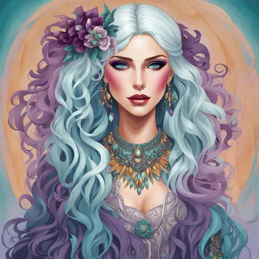 Prompt:  illustration of a young woman with beautiful silver hair, aqua and purple tones, elaborate jewelry, detailed makeup, colorful attire