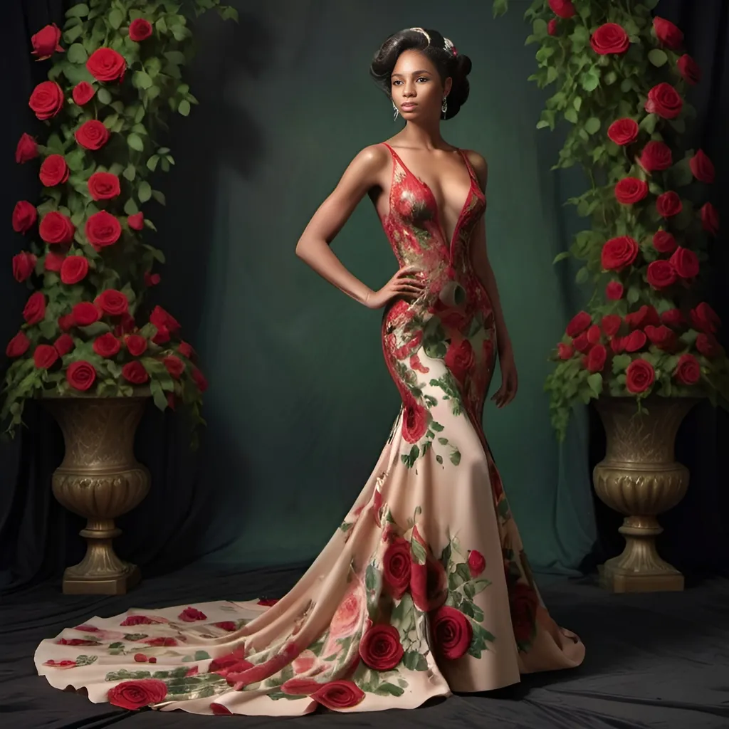 Prompt: Glamour radiates from a striking figure clad in an opulent, form-fitting gown adorned with intricate floral patterns, prominently featuring red roses and lush green leaves that weave down the dress. The deep plunge of the neckline and sheer panels add to the dramatic allure, while her statuesque pose accentuates the gown's elegance. A lavishly decorated ballroom serves as the backdrop, characterized by rich crimson curtains and golden chandeliers that illuminate the scene, creating an atmosphere of luxury and sophistication. The model's voluminous, dark hairstyle and bold red lips perfectly complement the opulent aesthetic, which feels both regal and seductive. The overall composition conveys a sense of high fashion and theatrical drama, drawing attention to the harmony of beauty and glamour.