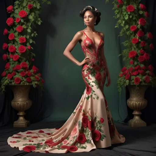 Prompt: Glamour radiates from a striking figure clad in an opulent, form-fitting gown adorned with intricate floral patterns, prominently featuring red roses and lush green leaves that weave down the dress. The deep plunge of the neckline and sheer panels add to the dramatic allure, while her statuesque pose accentuates the gown's elegance. A lavishly decorated ballroom serves as the backdrop, characterized by rich crimson curtains and golden chandeliers that illuminate the scene, creating an atmosphere of luxury and sophistication. The model's voluminous, dark hairstyle and bold red lips perfectly complement the opulent aesthetic, which feels both regal and seductive. The overall composition conveys a sense of high fashion and theatrical drama, drawing attention to the harmony of beauty and glamour.