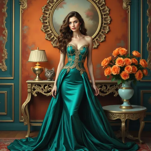 Prompt: In an opulent indoor setting adorned with rich, ornate details, a striking figure stands gracefully at the forefront, exuding elegance. Clad in a stunning emerald green gown that cinches at the waist with intricate gold embellishments, her long, wavy hair cascades elegantly down her back. The vibrant background features a warm orange hue, enhancing the luxurious atmosphere, while a lavish arrangement of orange roses in an ornate vase complements the decor. Soft lighting casts a gentle glow, highlighting the gown's silky texture and the model's poised expression, creating a captivating narrative of glamour and sophistication.