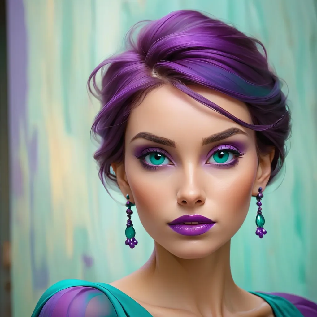 Prompt: Woman in colors of teal and purple