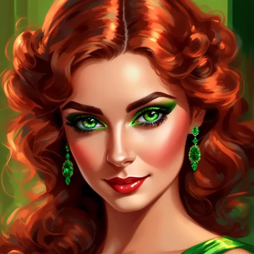 Prompt: <mymodel>Detailed illustration of a woman in vibrant green attire, large vivid green eyes, elegant makeup, digital painting, high resolution, realistic style, vibrant green, professional lighting