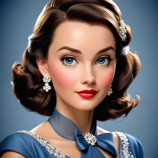 Prompt: A woman in elegant blue dress. circa 1955 attire, facial closeup