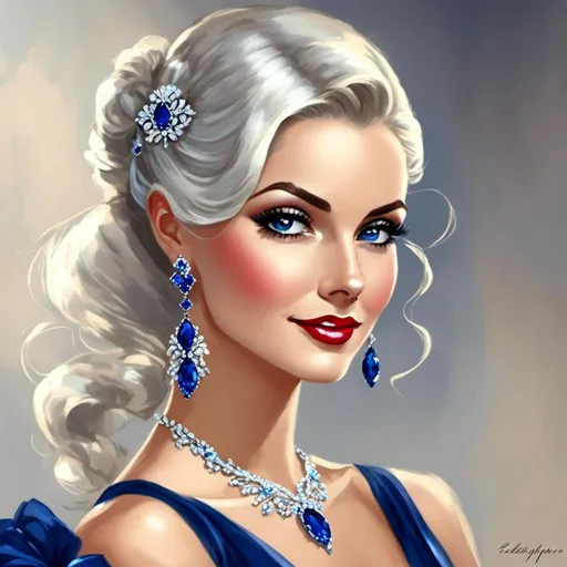 Prompt: <mymodel>Pretty , elegant woman with platinum hair in a side ponytail, sapphire jewelry