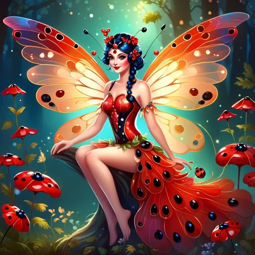Prompt: Ladybug fairy goddess, digital illustration, serene woodland setting, intricate wings with holographic details, ethereal and magical vibe, vibrant and saturated colors, elegant and graceful pose, fine art quality, high resolution, fantasy, whimsical, holographic wings, magical, ethereal, vibrant colors, woodland, serene, elegant pose, fine art quality, detailed artwork<mymodel>