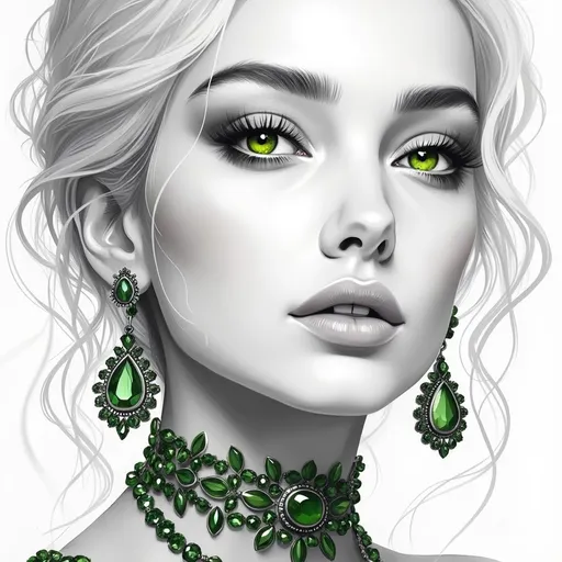 Prompt: This is a digital illustration in a hyper-realistic, fantasy style. The image features a close-up portrait of a young woman with a striking appearance. She has long, wavy silver hair that cascades down her shoulders, contrasting with her pale, almost white skin. Her eyes are a vivid, glowing green, with a piercing, intense gaze that draws the viewer in. She has well-defined, high cheekbones, a slender nose, and full lips that are slightly parted.

The woman is adorned with elaborate, green gemstone jewelry. She wears large, teardrop-shaped earrings that dangle from her ears, and a matching, intricately designed necklace with a central green gemstone that rests just above her cleavage. The jewelry has an ornate, almost baroque style, with delicate, swirling patterns that add a touch of elegance and fantasy.

The background is a simple, clean white, which helps to focus attention on the subject. The overall color palette is monochromatic, with the exception of the green gemstones, which provide a stark, vibrant contrast. The texture of the hair and skin is smooth and realistic, while the jewelry has a slightly metallic, reflective quality. The image evokes a sense of otherworldly beauty and enchantment.