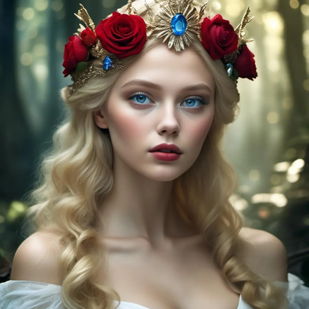 Prompt: <mymodel>Fairy tale, beautiful girl with white skin, (perfect face), light golden hair, blue pupils, red lips, forest style, mysterious, vintage fashion-dresses, with a transparent crystal crown on her head, the woman's body is so white Glows, (high detail) sitting on an oversized red rose, hyperdetail, ultra high definition.<mymodel>