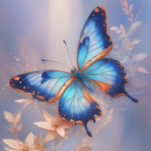 Prompt: orange and blue butterfly, vibrant colors, detailed wings with intricate patterns, ethereal and dreamy, high quality, digital painting, fantasy, magical lighting, delicate, whimsical, nature-inspired, soft focus, pastel tones, enchanting atmosphere