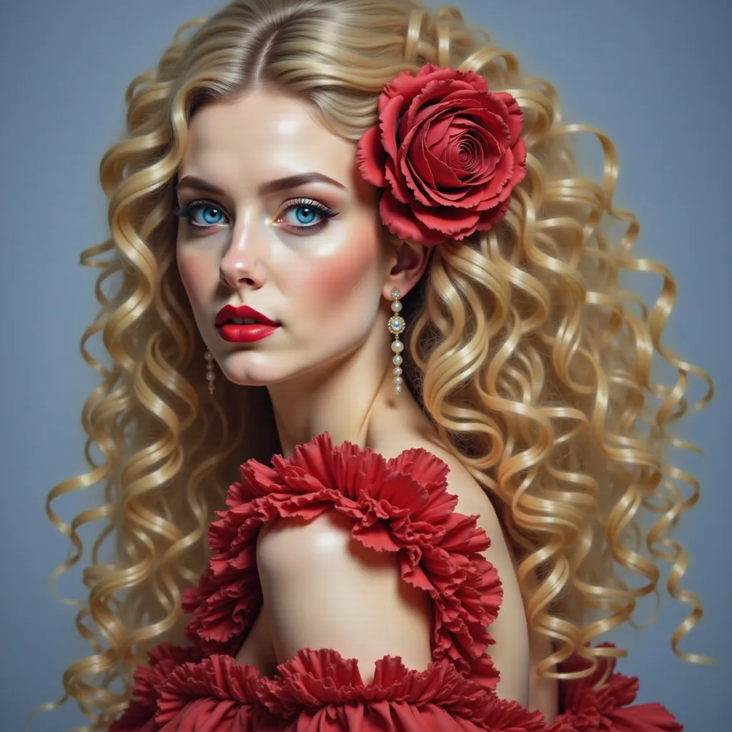 Prompt: a painting of a woman with long blonde hair and a rose in her hair, wearing a red dress, Edwin Georgi, rococo, highly detailed digital painting, a photorealistic painting