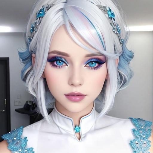 Prompt: A beautiful woman, white hair with pastel highlights, blue eyes, blue eyeshadow, blue jewels on forehead