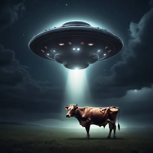 Prompt: UFO abducting cow, surreal digital artwork, dark night sky, dramatic lighting, detailed extraterrestrial craft, terrified cow, high quality, surreal, digital art, dark tones, dramatic lighting, detailed UFO, terrified animal, surreal abduction