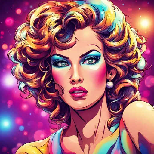 Prompt: Cartoon-style closeup of an 80s disco lady, vibrant and lively, glossy lips, bright eyeshadow, exaggerated lashes, retro hairstyle, disco ball reflection in eyes, neon colors, vibrant disco atmosphere, high quality, cartoon, 80s, disco, lively colors, retro, exaggerated features, glossy lips, bright eyeshadow, retro hairstyle, disco ball reflection, neon colors, vibrant atmosphere