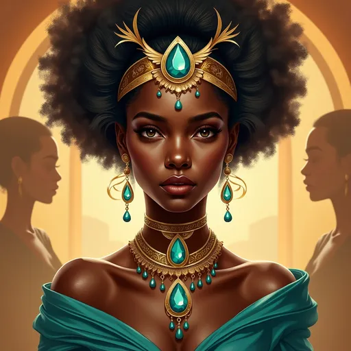 Prompt: This is a digital painting in a realistic fantasy style depicting a dark-skinned African woman with strikingly beautiful features. She has large, almond-shaped, turquoise eyes that are captivating and expressive. Her full lips are slightly parted, revealing a sense of calm confidence. Her high, voluminous afro is adorned with a golden headpiece that features a large, teardrop-shaped turquoise gem in the center. She wears a matching turquoise and gold necklace with intricate designs, including multiple teardrop-shaped gems, and a similar choker. Her earrings are long and dangle from her ears, mirroring the style of her necklace.

She is dressed in an off-the-shoulder teal garment that drapes elegantly over her shoulders, revealing her smooth, dark brown skin. The background is a warm, golden glow with silhouettes of two other figures, suggesting an archway or doorway behind her. The lighting highlights her features and the gems, creating a radiant effect. The overall composition emphasizes her regal and majestic presence, with the golden and turquoise colors contrasting beautifully against her dark skin. The texture of her hair and the fabric of her dress is rendered with a high level of detail, adding to the realism of the digital artwork.