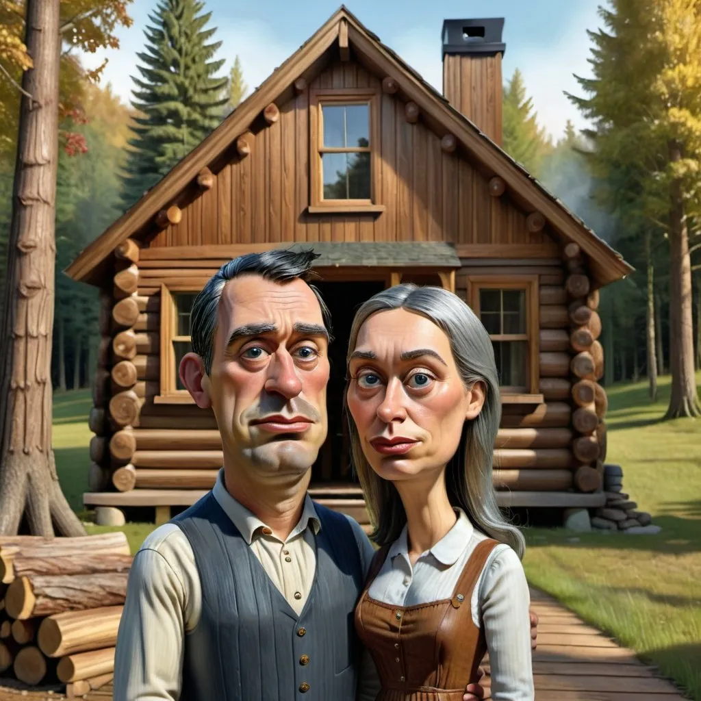 Prompt: The American Gothic couple in a scene of a cozy wooden cabin in the serene woods, warm and natural tones, traditional log cabin style, detailed wood grain, smoke gently rising from the chimney, dappled sunlight filtering through the trees, highres, ultra-detailed, realistic, cozy, natural, traditional, serene, detailed wood texture, warm lighting