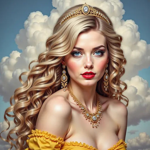 Prompt: a painting of a woman with long blonde hair wearing a yellow dress and necklace with a blue sky in the background, Edwin Georgi, photorealism, highly detailed digital painting, a photorealistic painting