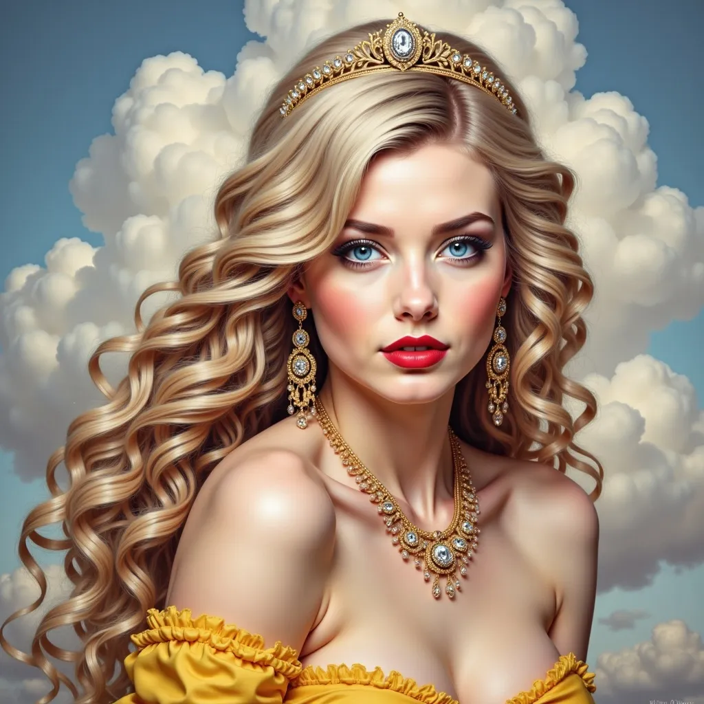 Prompt: a painting of a woman with long blonde hair wearing a yellow dress and necklace with a blue sky in the background, Edwin Georgi, photorealism, highly detailed digital painting, a photorealistic painting