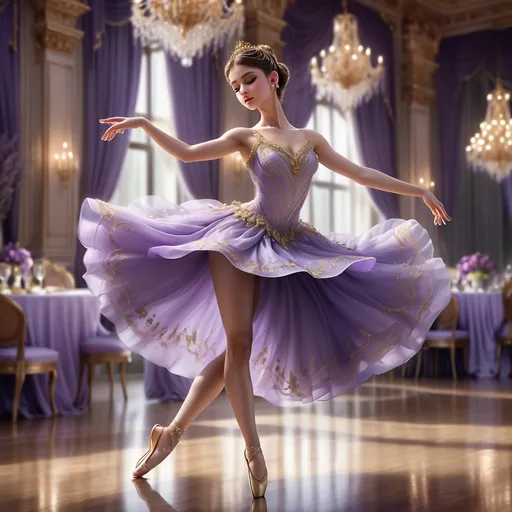 Prompt: In an opulent banquet hall illuminated by elegant chandeliers, a graceful ballerina captivates the audience with a mesmerizing dance, dressed in a stunning lavender gown adorned with intricate gold detailing. Her expressive posture and twirling motion highlight the voluminous, frothy skirt, which flares out dramatically, showcasing her toned legs and delicate sandals. The setting is alive with a blend of admiration and fascination, as elegantly dressed guests at a lavish dining table gaze at her with rapt attention, creating a vivid contrast between the exquisite performance and the refined ambiance of the room. Sunlight filters through tall, arched windows, adding a warm glow that enhances the scene's grandeur, while the overall mood evokes a sense of celebration and artistic passion. This striking tableau encapsulates the intersection of beauty and grace within a rich cultural backdrop.