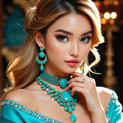 Prompt: <mymodel>lady wearind turquoise jewelry