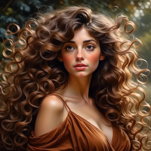 Prompt: <mymodel> a woman with long curly hair and a brown dress is posing for a picture with  her hair blowing in the wind, Elina Karimova, photorealism, realistic shaded perfect face, a photorealistic painting