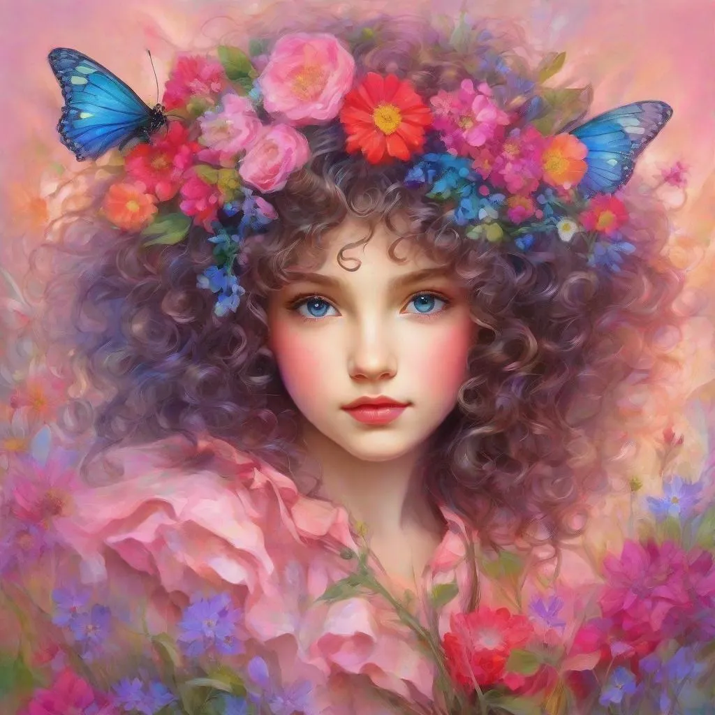 Prompt: a young fairy of spring, very curly hair, pink glow on cheeks,wildflowers, vivid colors, closeup