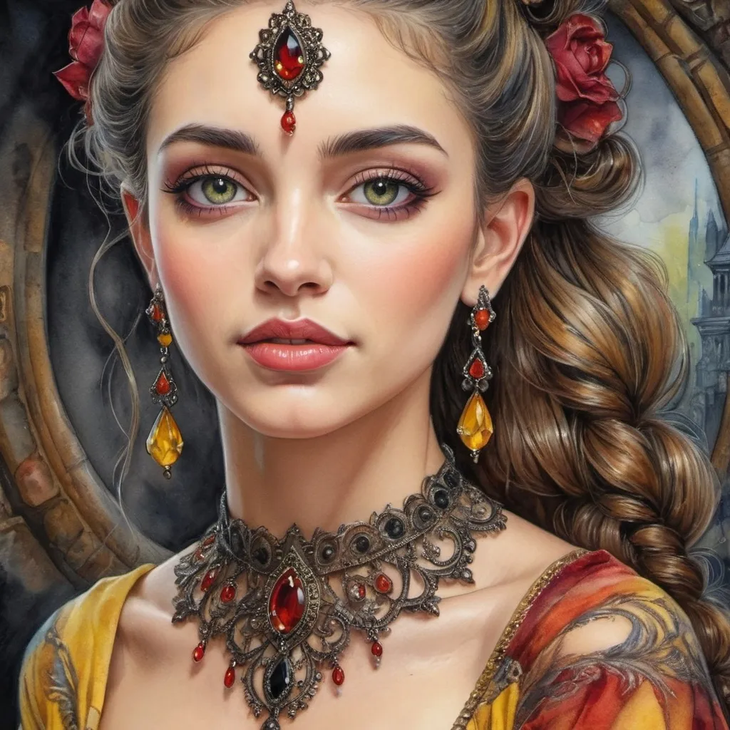 Prompt: beautiful woman, hair pinned up, yellow red black dress, earrings, Watercolor, trending on artstation, sharp focus, studio photo, intricate details, highly detailed, by  Josephine Wall and Jasmine Becket-Griffith